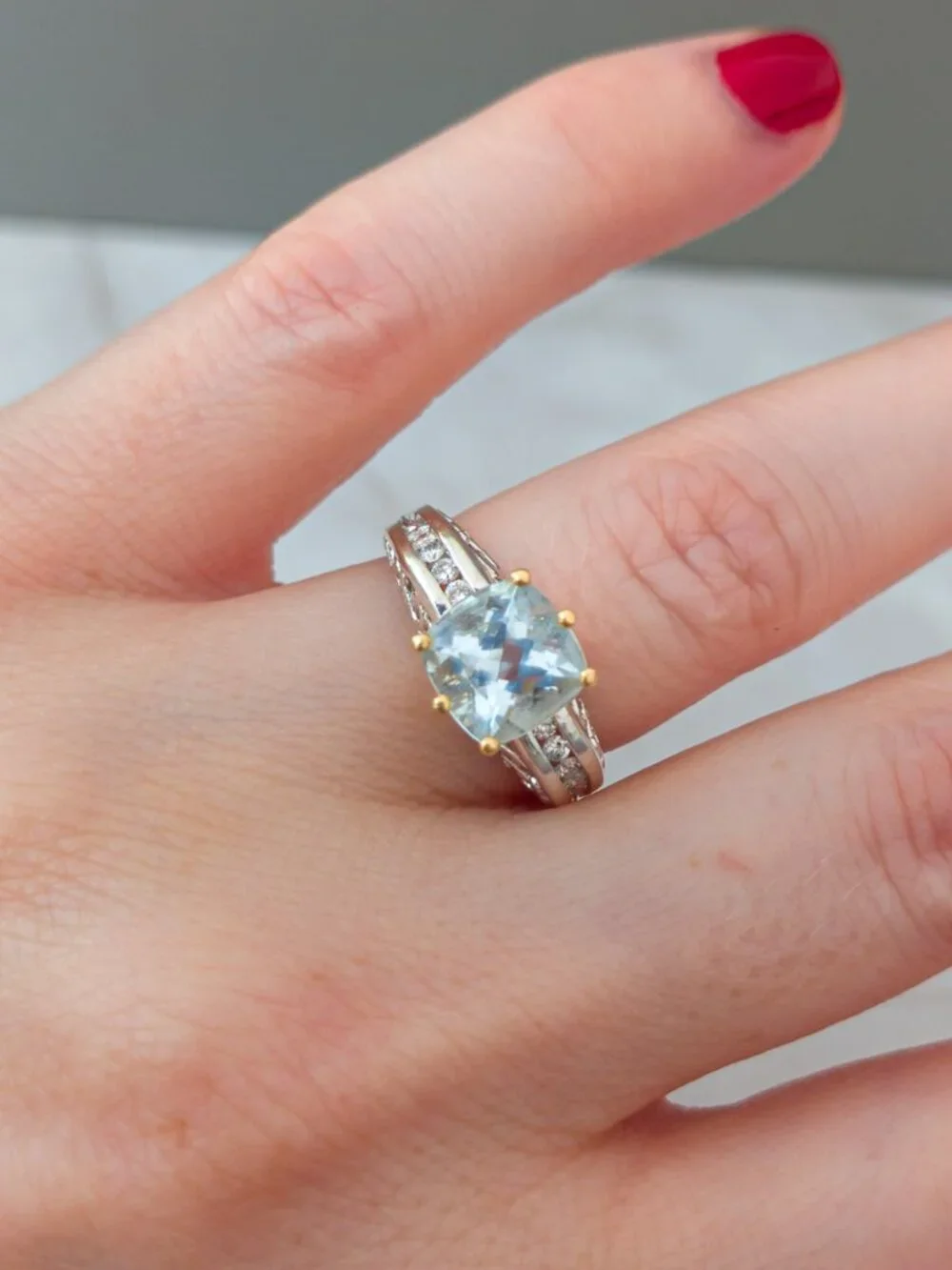 14K Two Tone Gold Aquamarine Diamond Ring approx. 2ct Cushion Size 6.5
